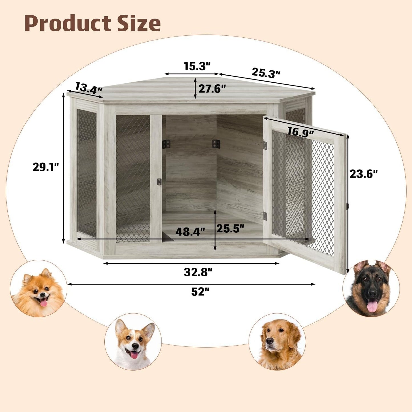 BOSSIN Meuble-côte pour chien d'angle, 112/132 cm (44/52 pouces) en bois avec grillage, cabane à chien décorative en bois pour usage intérieur.
