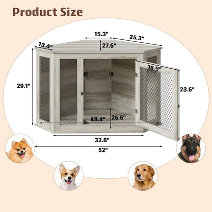BOSSIN Meuble-côte pour chien d'angle, 112/132 cm (44/52 pouces) en bois avec grillage, cabane à chien décorative en bois pour usage intérieur.