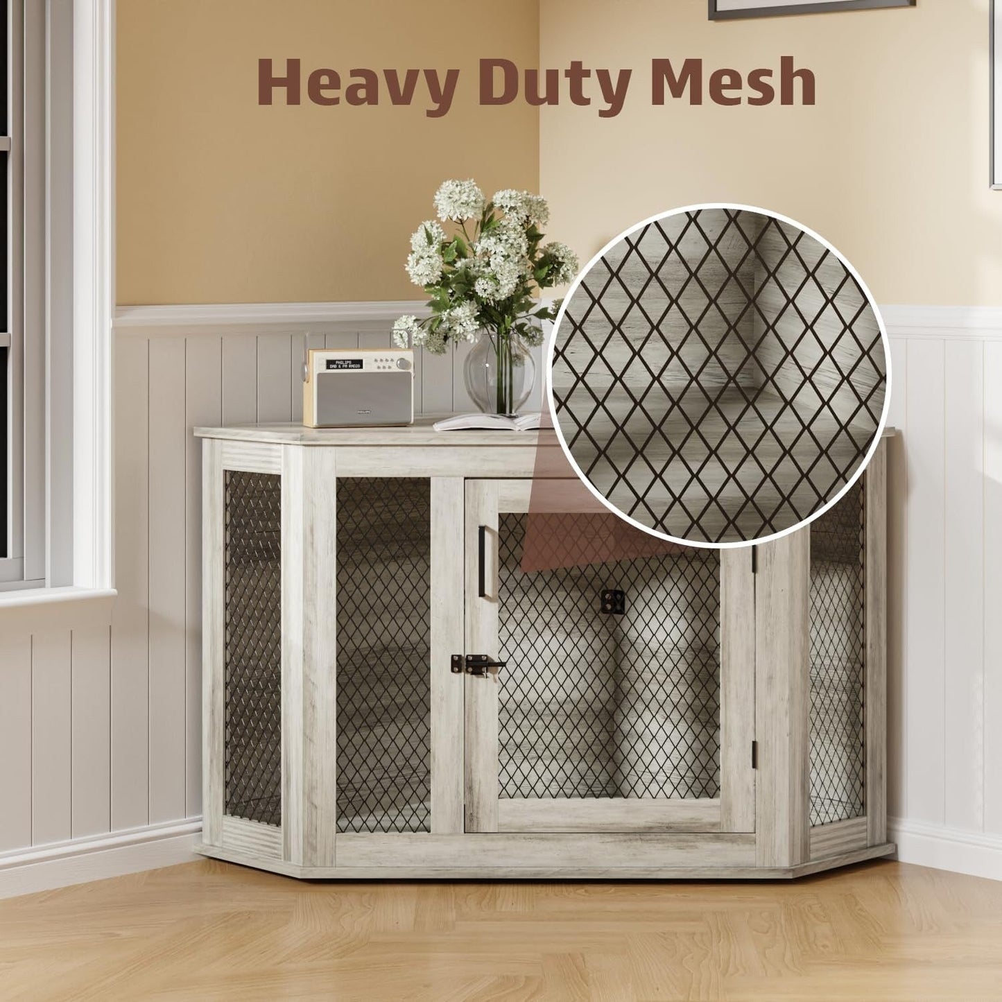 BOSSIN Meuble-côte pour chien d'angle, 112/132 cm (44/52 pouces) en bois avec grillage, cabane à chien décorative en bois pour usage intérieur.