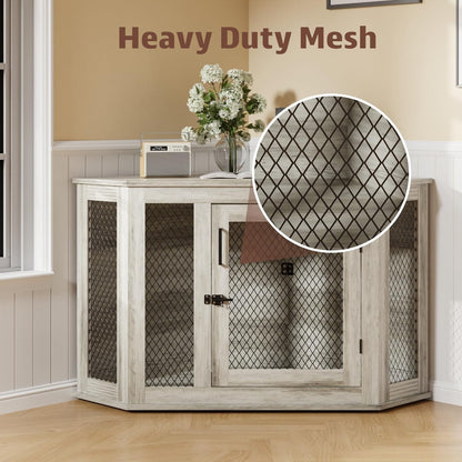 BOSSIN Meuble-côte pour chien d'angle, 112/132 cm (44/52 pouces) en bois avec grillage, cabane à chien décorative en bois pour usage intérieur.