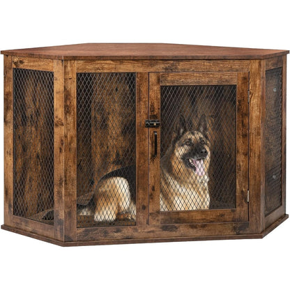 BOSSIN Meuble-côte pour chien d'angle, 112/132 cm (44/52 pouces) en bois avec grillage, cabane à chien décorative en bois pour usage intérieur.