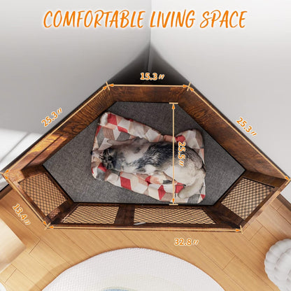 BOSSIN Meuble-côte pour chien d'angle, 112/132 cm (44/52 pouces) en bois avec grillage, cabane à chien décorative en bois pour usage intérieur.