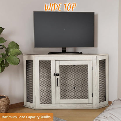 BOSSIN Meuble-côte pour chien d'angle, 112/132 cm (44/52 pouces) en bois avec grillage, cabane à chien décorative en bois pour usage intérieur.