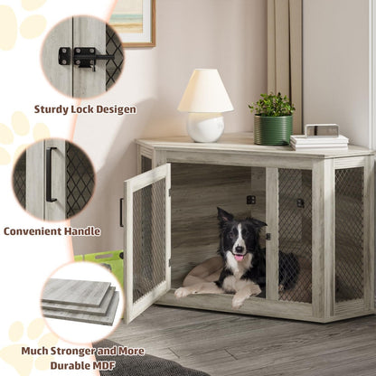 BOSSIN Meuble-côte pour chien d'angle, 112/132 cm (44/52 pouces) en bois avec grillage, cabane à chien décorative en bois pour usage intérieur.