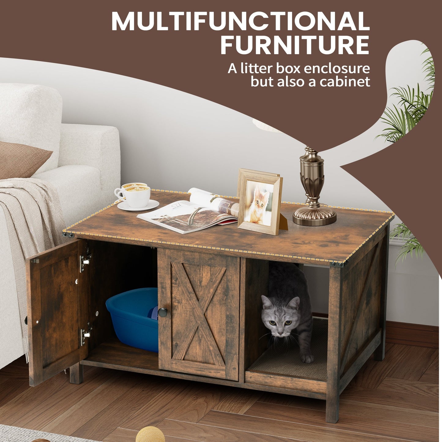 Abri pour litière de chat, meuble de toilettes pour chat en bois dissimulé avec arbre à gratter.