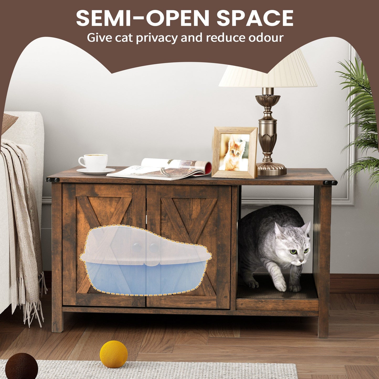 Abri pour litière de chat, meuble de toilettes pour chat en bois dissimulé avec arbre à gratter.