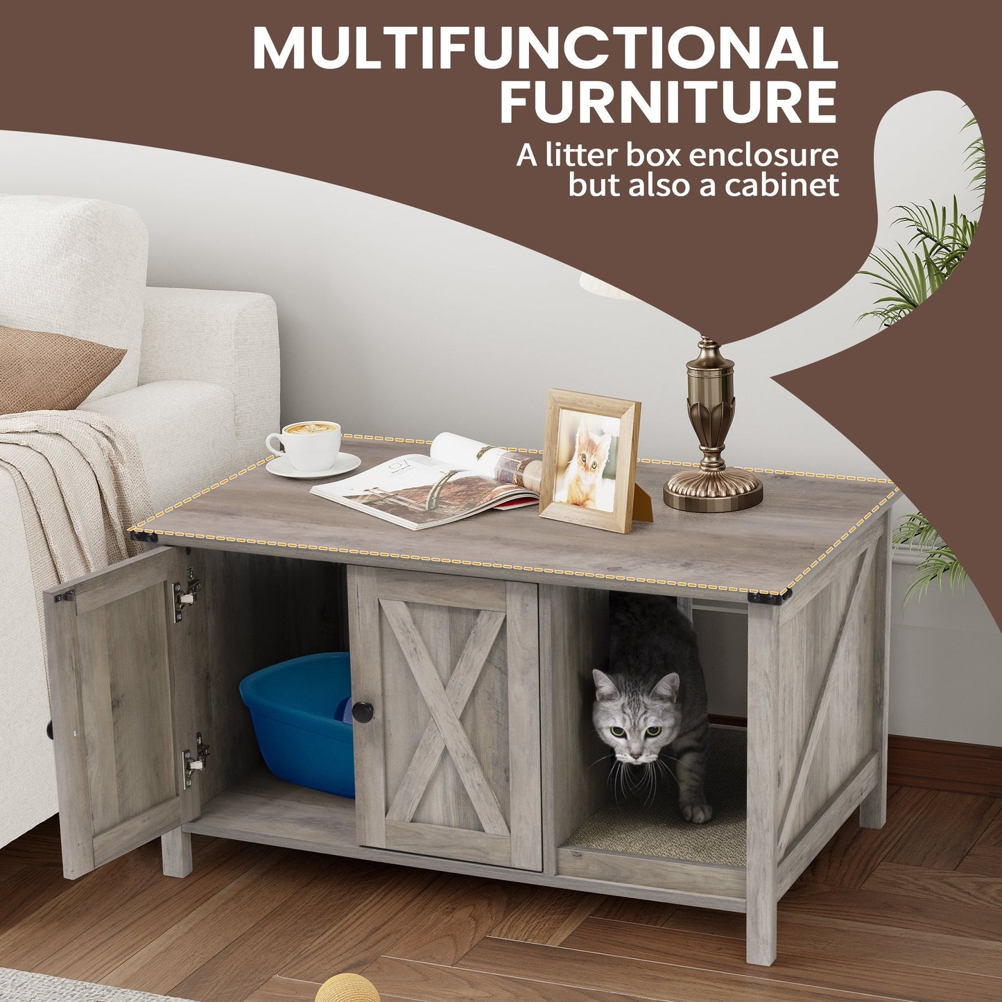 Abri pour litière de chat, meuble de toilettes pour chat en bois dissimulé avec arbre à gratter.