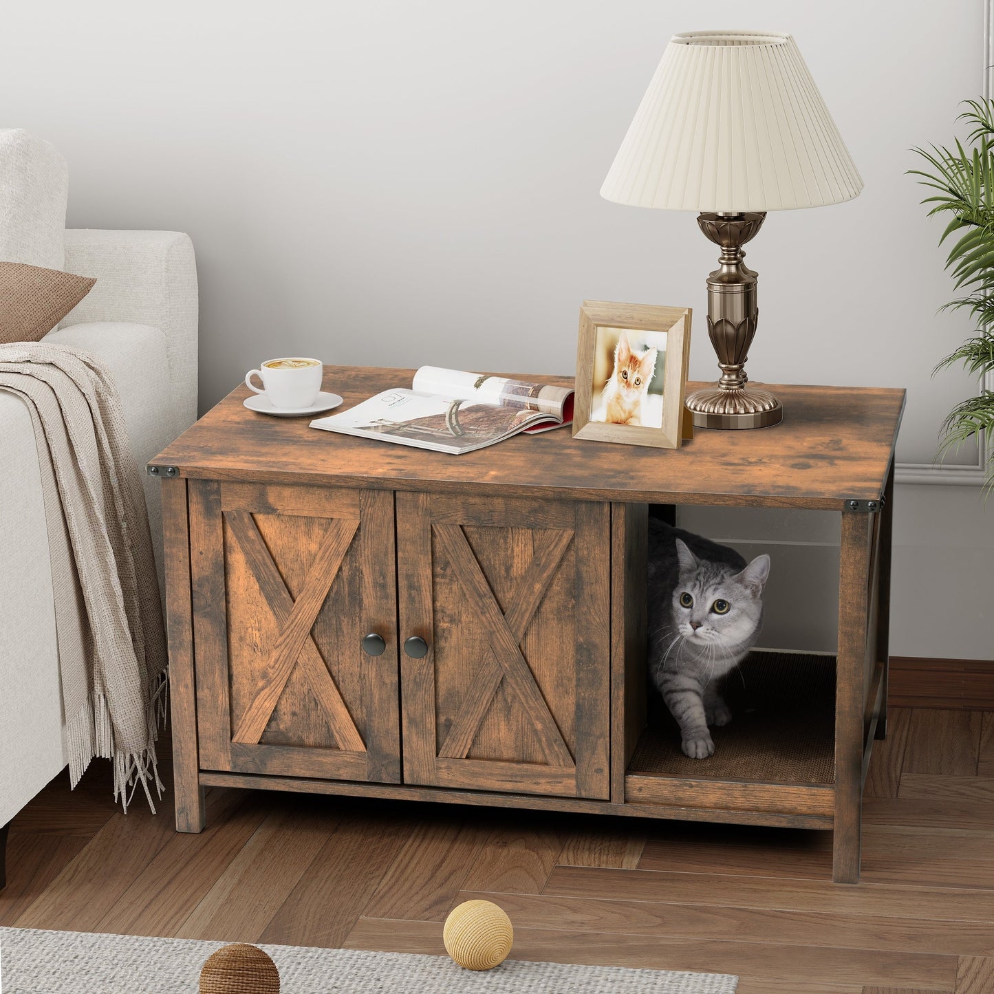 Abri pour litière de chat, meuble de toilettes pour chat en bois dissimulé avec arbre à gratter.