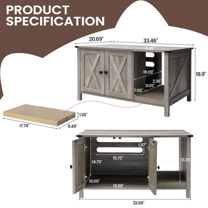 Abri pour litière de chat, meuble de toilettes pour chat en bois dissimulé avec arbre à gratter.