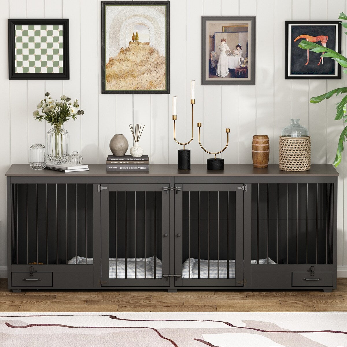 Meuble-kennel pour chien - Cabane en bois pour chien avec cloison et 2 tiroirs