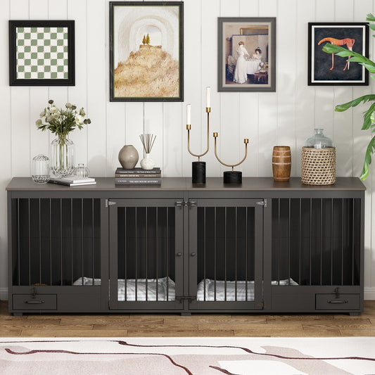 Meuble-kennel pour chien - Cabane en bois pour chien avec cloison et 2 tiroirs