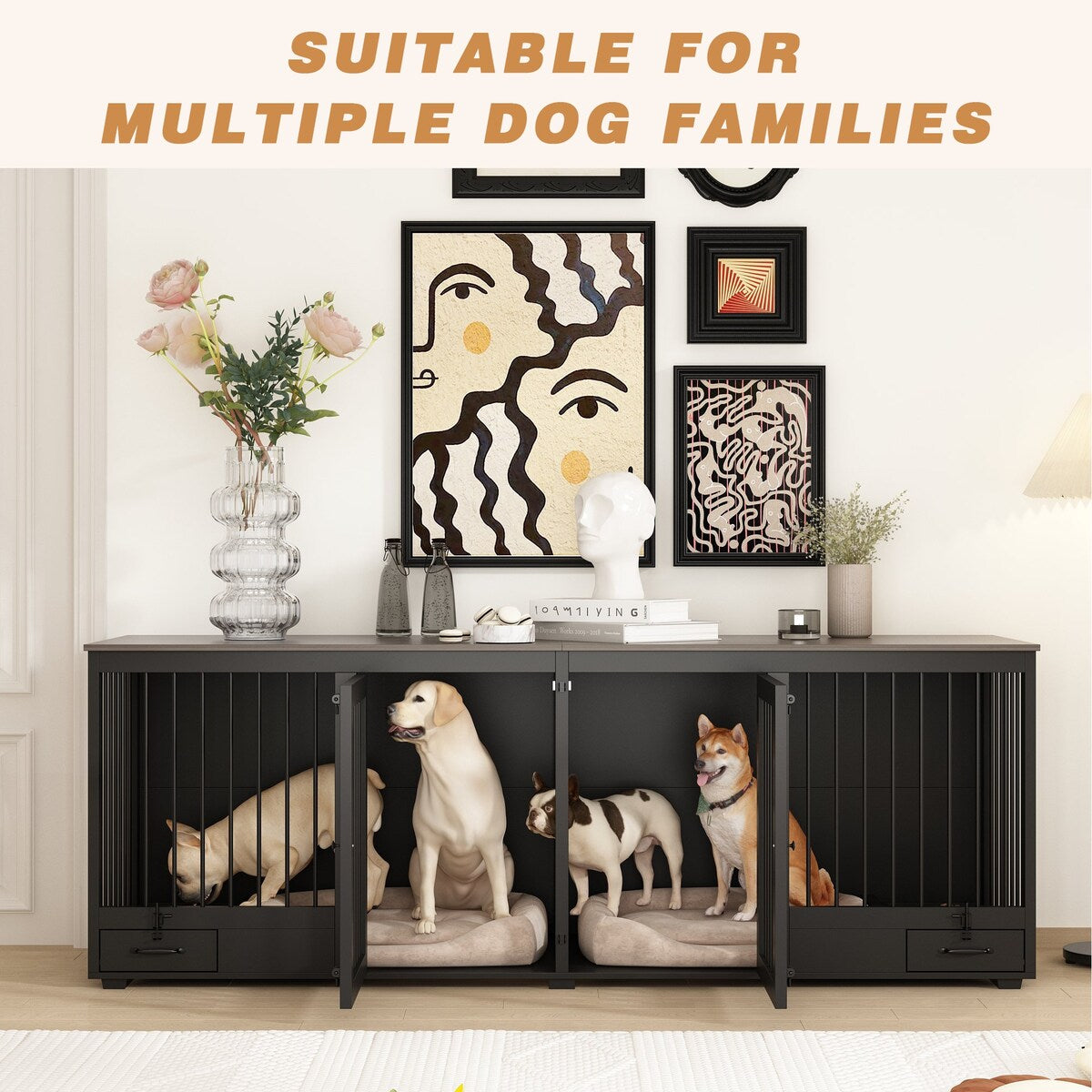 Meuble-kennel pour chien - Cabane en bois pour chien avec cloison et 2 tiroirs