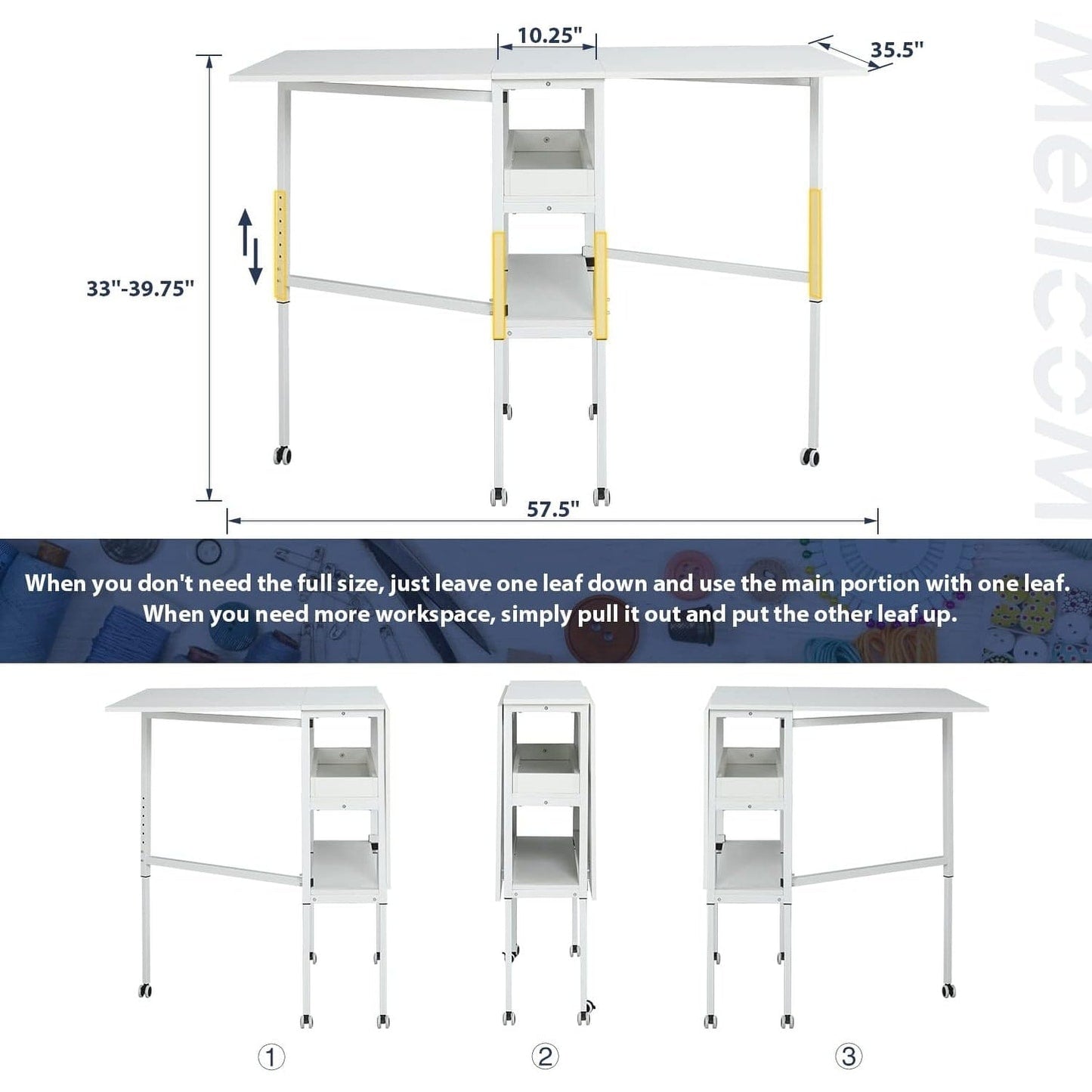 Table d'artisanat à hauteur réglable avec étagères de rangement, table de coupe pliable mobile pour le bureau à domicile, la couture, la salle de loisirs créatives.