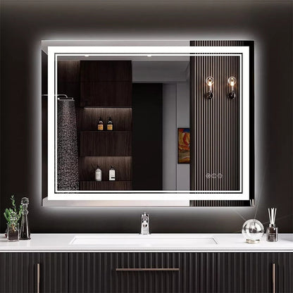 Grand miroir de salle de bain à éclairage LED, anti-buée, avec support mural, 3 couleurs