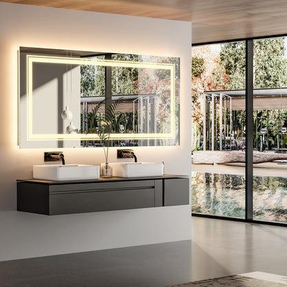 Grand miroir de salle de bain à éclairage LED, anti-buée, avec support mural, 3 couleurs