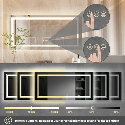 Grand miroir de salle de bain à éclairage LED, anti-buée, avec support mural, 3 couleurs