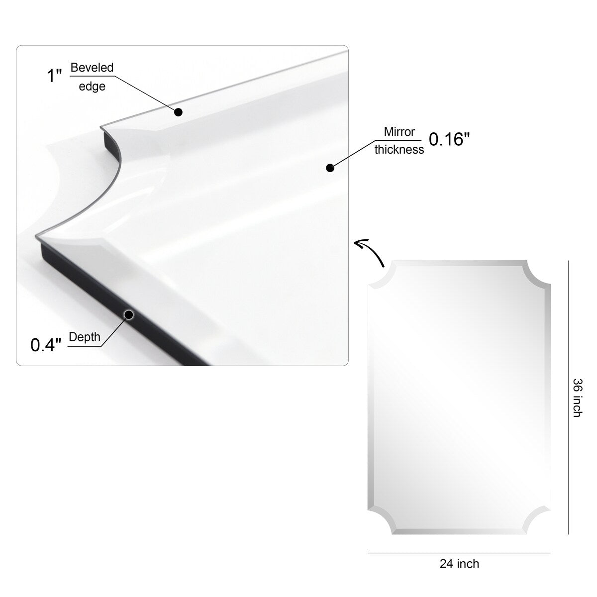 Miroir mural rectangulaire sans cadre, à bords festonnés et biseautés, pour salle de bain, meuble-lavabo, chambre à coucher, bord biseauté de 1 côté - Transparent