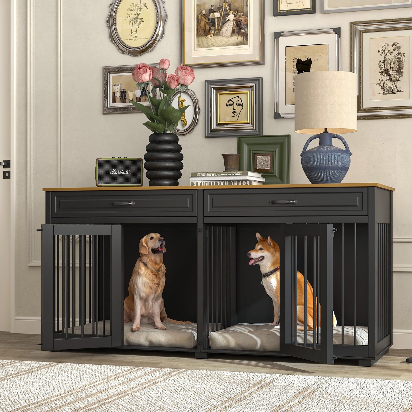 Cage à chien de style meuble, grand chenil en bois de 164 cm (64,5 pouces)