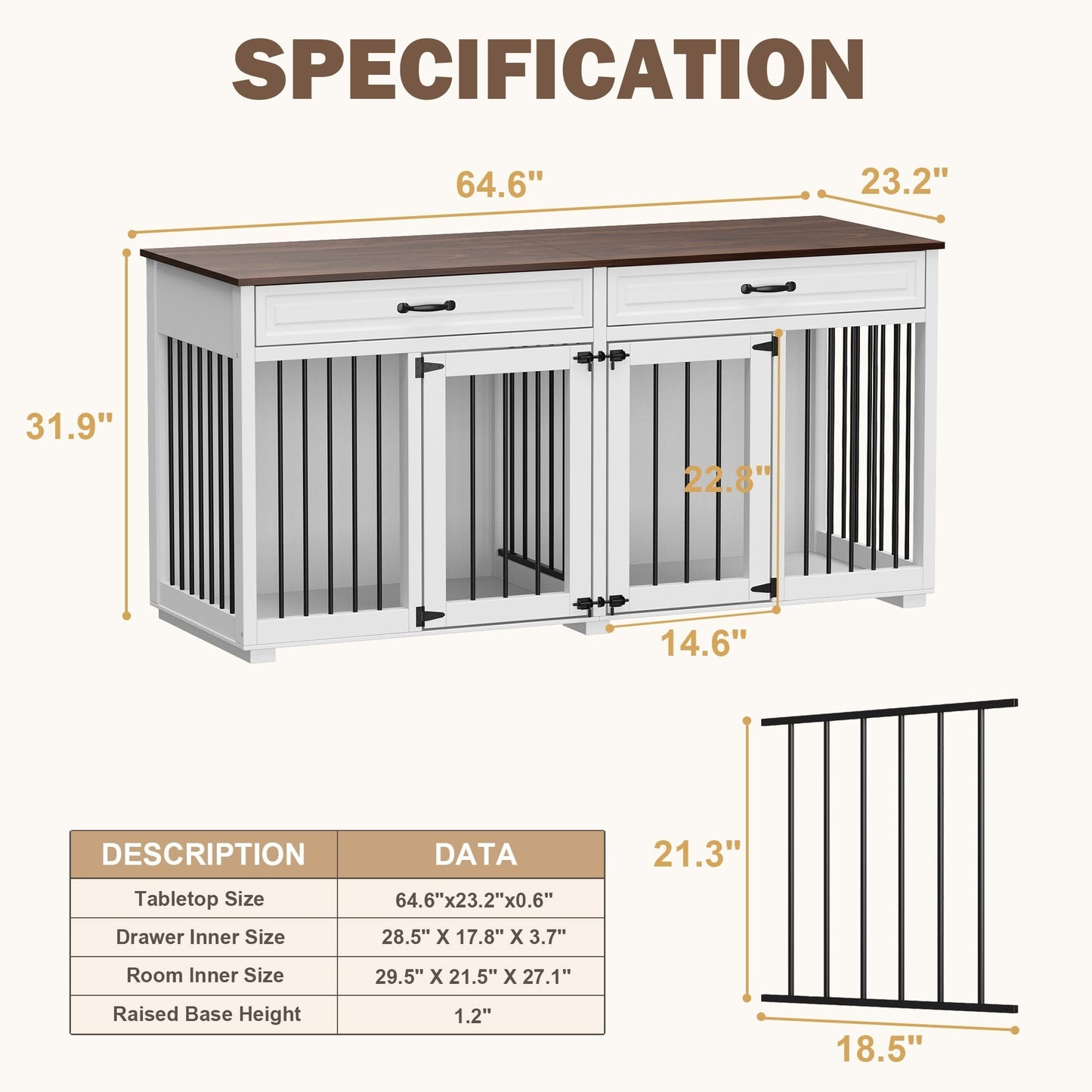 Cage à chien de style meuble, grand chenil en bois de 164 cm (64,5 pouces)