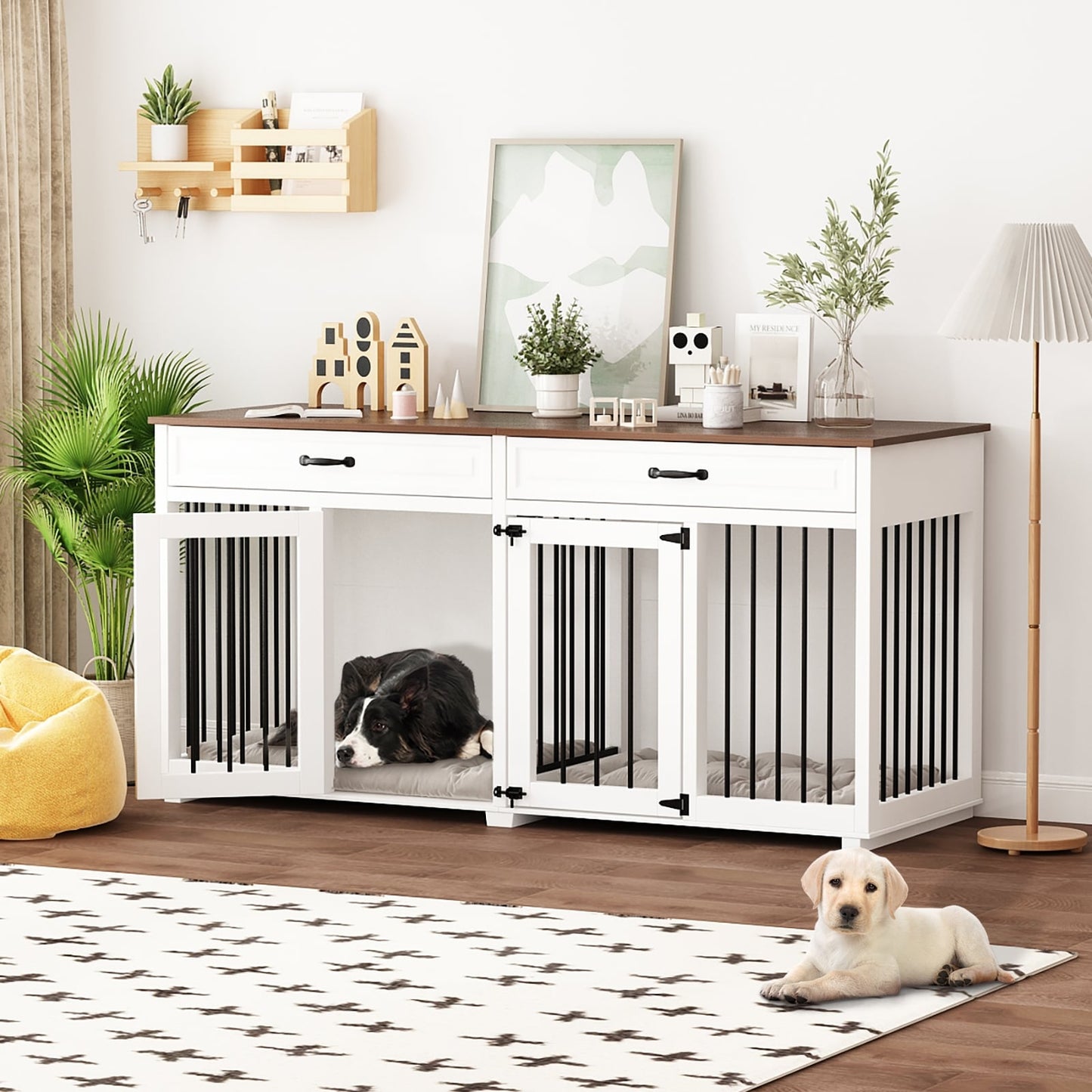 Cage à chien de style meuble, grand chenil en bois de 164 cm (64,5 pouces)