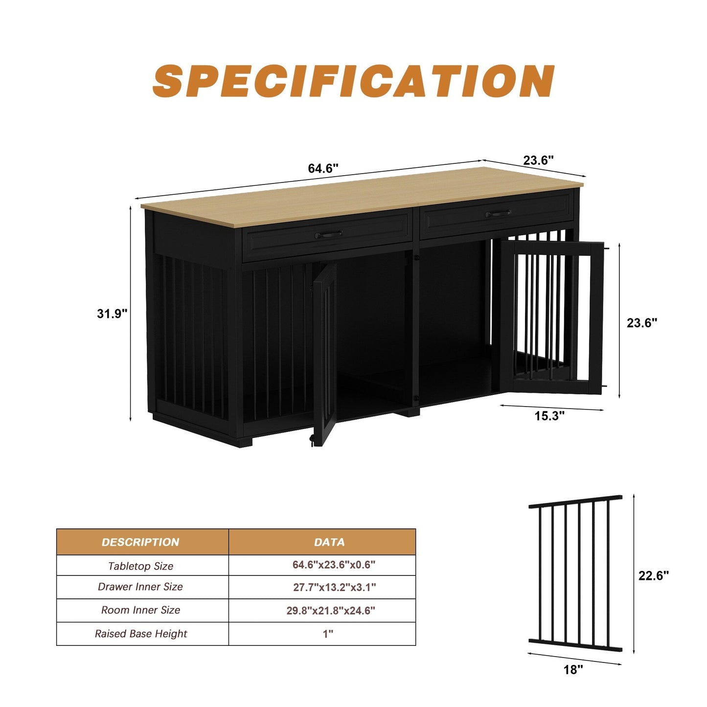 Cage à chien de style meuble, grand chenil en bois de 164 cm (64,5 pouces)
